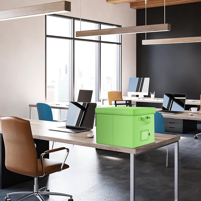 File Organizer Boxes with Lid, Linen Hanging File Storage Boxes with Handle, Collapsible Document Filling Boxes for Letter/Legal Folder, Portable File Box for Office/Decor/Home (2 Pack, Green)