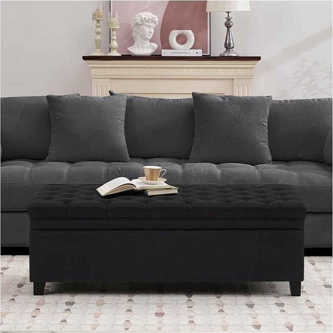 51" Storage Ottoman for Bedroom & Living Room, End of Bed Bench with Black Wooden Legs, Linen Upholstered Tufted Ottoman, Entryway Storage Bench, Black