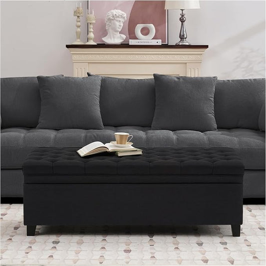51" Storage Ottoman for Bedroom & Living Room, End of Bed Bench with Black Wooden Legs, Linen Upholstered Tufted Ottoman, Entryway Storage Bench, Black