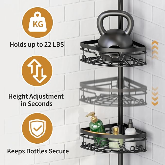 DAOYA Tension Pole Shower Caddy with Towel Bar - Corner Shower Caddy, Black | Tension Rod Shower Caddy, 4-Tier, 12 Side Hooks, Adjustable, Floor to Ceiling 25-114 Inch, For Bathroom Bathtub Living Room