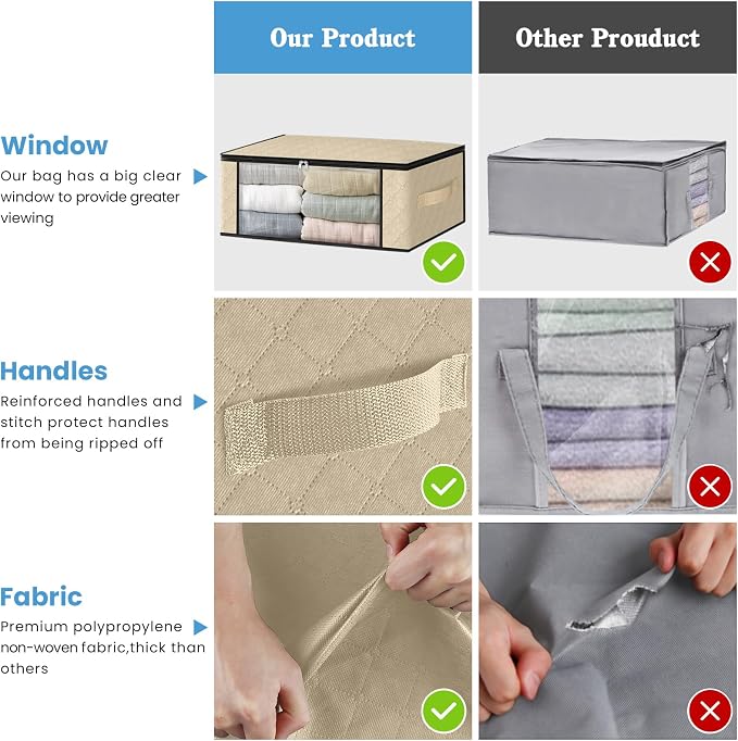 HomeHacks 3-Pack Clothes Organizer Storage Bags, 35L Storage Bins, Beige | Foldable Storage Box Container with Zippers, Clear Window, Reinforced Handles for Closet, Dorm, Pillows, Bedding, Sweater