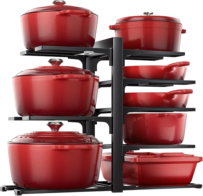 Pots and Pans Organizer Under Cabinet 15.8", 8-Tier Adjustable Black | 2 DIY Modes, Tool-Free Assembly, Max 120 Lbs, Fits Cast Iron Pans, Dutch Ovens & Heavy Cookware, For Kitchen Cabinets