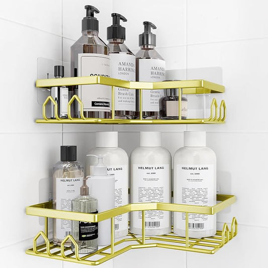 Adhesive Shower Caddy, 2 Pack Corner Bath Organizer, Rustproof Stainless Steel Shower Shelves with Large Capacity, No Drilling Shelves for Bathroom Storage, Home, Kitchen Décor(XL-Gold)