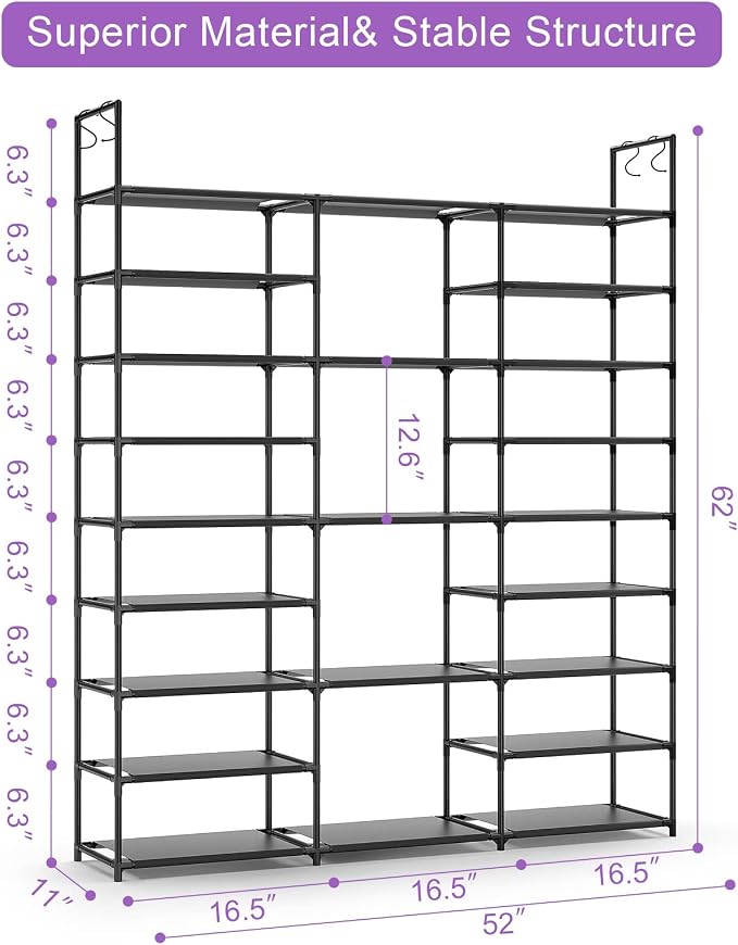 Kottwca Shoe Rack Organizer, Large Shoe Rack for Entryway Closet, Metal Shoe Shelf for Shoes and Boots, Big Non-Woven Fabric Shoe Storage Organizer with Hooks for Cloakroom, Black…