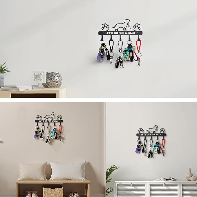 Key Holder Wall Mounted with Screws and Anchors, Black Multifunctional Key Hanger with 5 Hooks, Entryway Front Door Kitchen Hallway Garage Office