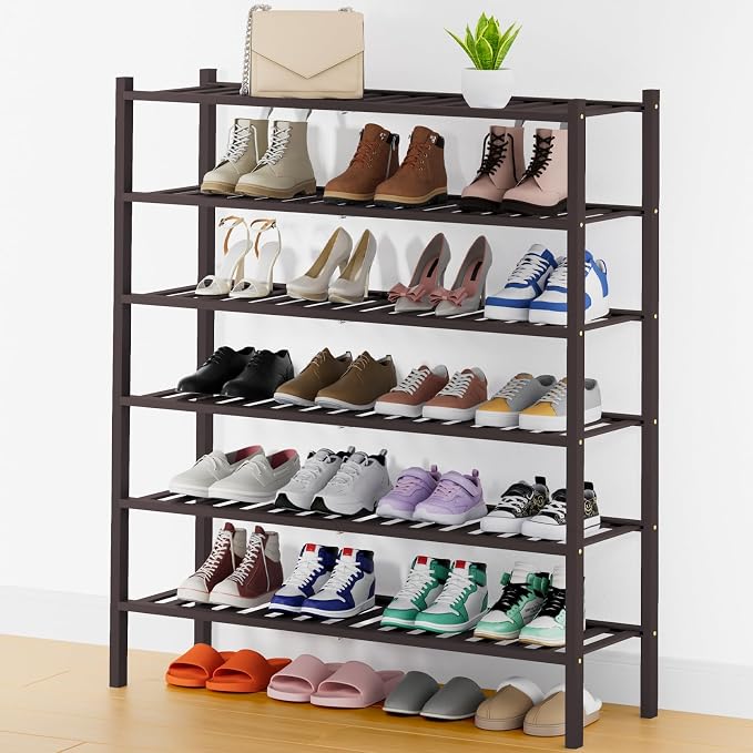Smiry Bamboo Shoe Rack, 14 Vertical Slats, 6 Tier - 33.7" Wide, Brown | Stackable Free Standing Wooden Shoe Organizer, Wood Shoe Storage Shelf for Closet, Entryway, Thicher Leg