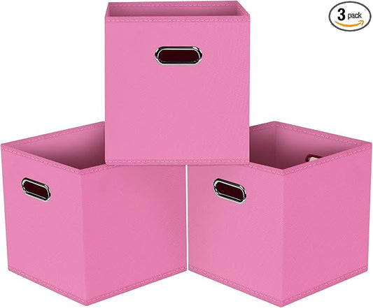 Black Foldable Storage Cubes Bins, Fabric Storage Box Cubes Organizer Baskets with Dual Handles for Home Organizer,Set of 3,(Pink)