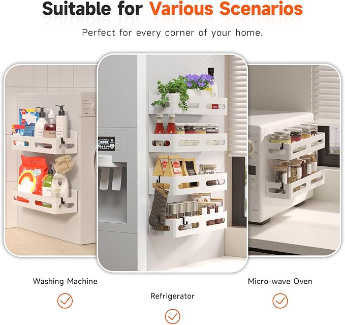 Sevenblue 6-Pack Magnetic Spice Rack for Refrigerator with Hooks, White | Strong multipurpose magnetic shelf for kitchen & bathroom organization. Includes 4 removable hooks for hanging items.