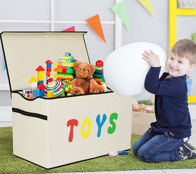 YOLOXO Toy Box Chest, Collapsible Sturdy Storage Bins with Lids, Extra Large Kids Toy Storage Organizer Boxes Bins Baskets for Kids, Boys, Girls, Nursery Room, Playroom, Closet (New Beige)