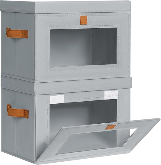 Homsorout Medium Fabric Storage bins - Collapsible Storage Bins with Open Window, 2 Pack Closet Baskets for Shelves, Stackable Decorative Boxes for Home, Dorm, Grey, 13.7"x 9.8" x 9.8"