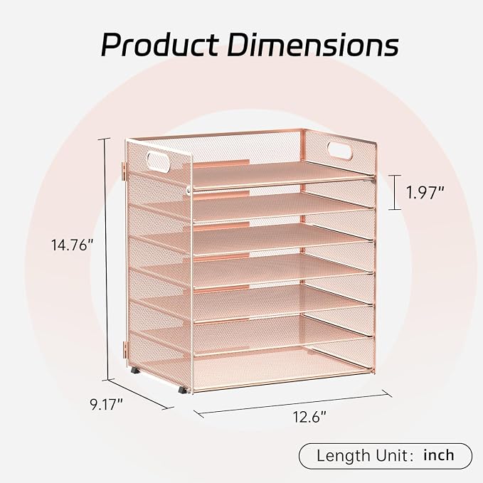 7 Tier Paper Organizer for Desk with Letter Trays and Handle Rose Gold | Desk File Organizer with Handle for Sorting Papers, Files, Folders, Mail, Bills and Office Supplies