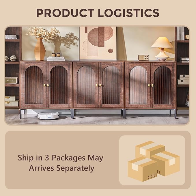 IFGET 92.63" W Modern Arched Sideboard Buffet Cabinet with Storage, Brown | Fluted Arch Sideboard Cabinet w/Adjustable Shelves, Wooden Modular Kitchen Cabinet for Dining& Living Room, Entryway