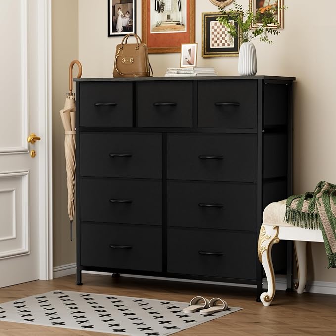 OLIXIS 9 Drawer Fabric Storage Dresser Chest Organizer Unit, Black | Sturdy and lightweight fabric drawers with easy-pull handles. Space-saving versatile organizer for clothes, bedroom