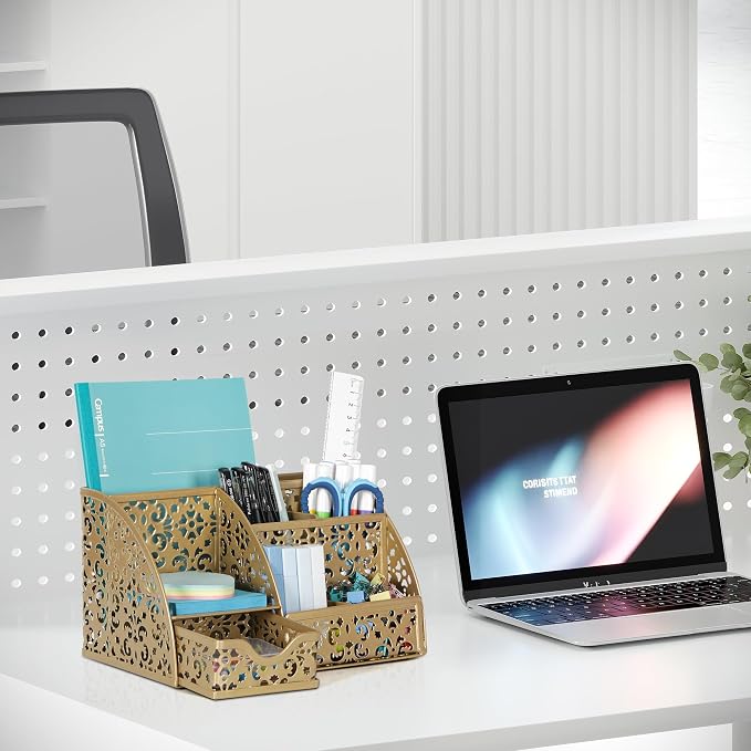 EasyPAG Desk Organizer and Pen Holder for Desk, Mesh Office Supplies Storage Caddy with Drawer for Small Space, Desktop Organizer for Home Office, Gold