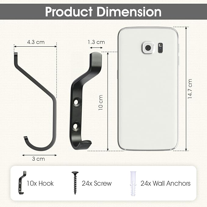 GlazieVault Coat Hooks Wall – Door Hooks (10 Pack) - Heavy Duty Wall Mounted - Premium Design Rust Free Hooks
