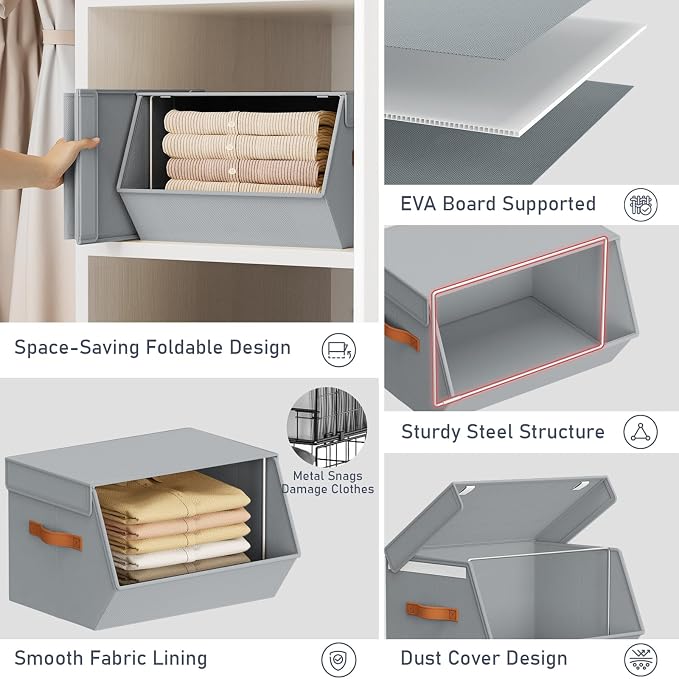 Stackable Closet Organizers and Storage Bins, Open Front Closet Shelf Organizer System With Steel Frame, Clothes Storage Basket Fabric, Collapsible Closet Drawers for Wardrobe, Nursery ,Toy, 6 Pack
