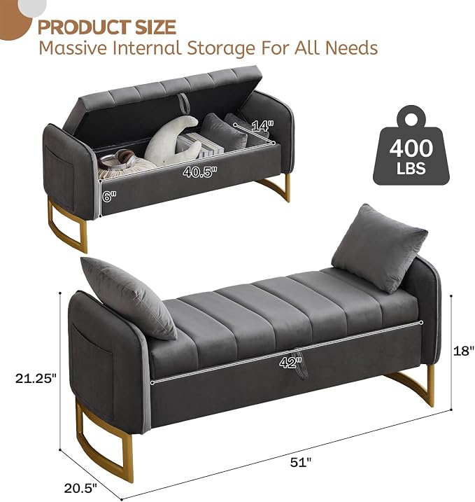 End of Bed Storage Bench, 51'' Velvet Storage Benches for Queen Size Bedroom Foot of Bed, Storage Ottoman Bench with Golden Legs and Pillow for Living Room Window Entryway, Dark Grey