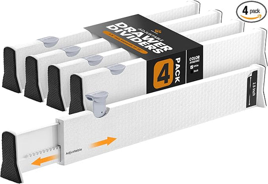 RAPTUROUS Adjustable Drawer Dividers 4 Pack, 2.5" High, 13-22" Long, Dresser Drawer Organizer for Bedroom, Closet, Kitchen, Nursery, Office, Strong Hold, Soft Foam Edges, White