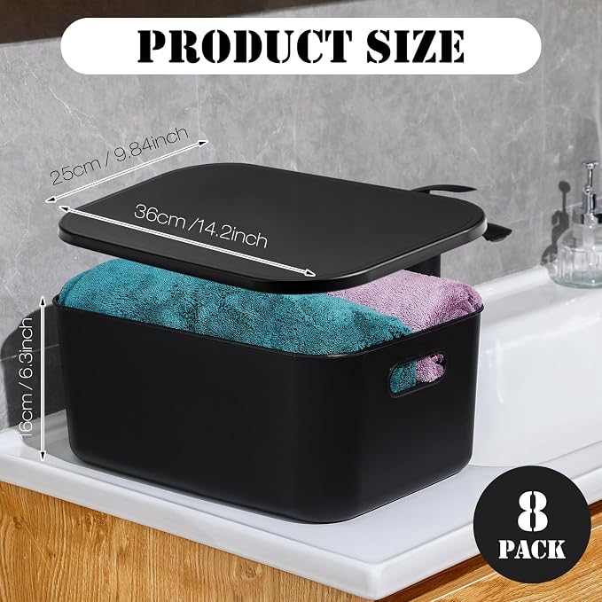 8 Pieces Colorful Storage Bins with Lid, Plastic Storage Basket Organizing Container Stackable Box with Handle for Shelves Desktop Playroom Office(13.8 x 9.8 x 5.9 Inch,Black)