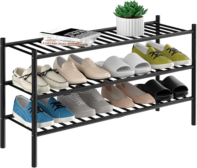 ROMGUAR CRAFT 3-Tier Bamboo Long Shoe Rack, Free Standing Wood Shoe Shelf Storage Organizer for Closet Entryway Stackable 35"x11"x20" (Black)