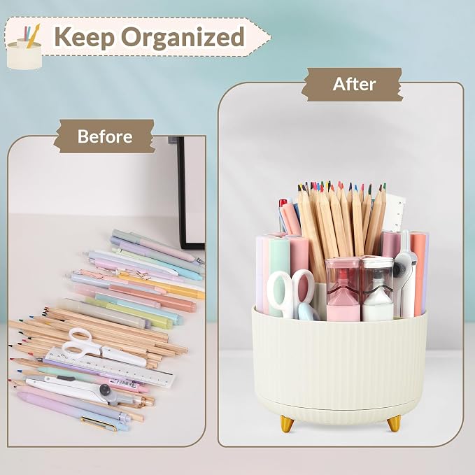 SKYDUE 2 Pack Pen Holder, 360 Degree Rotating Pencil Holder for Desk Organizer, Rotating Desktop Pen Organizer with 5 Slots, Office Supplies, Pencil Cup for Office, School, Home