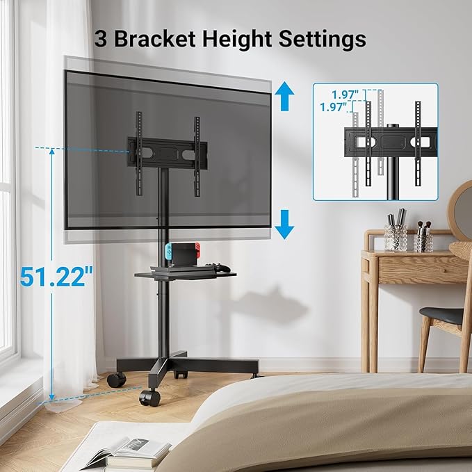 PERLESMITH Rolling TV Stand, Mobile TV Stand for 23-60 Inch LCD LED TVs, Tilt TV Stand Wheels Holds up to 88Lbs, Portable TV Stand for Bedroom with Shelf, Outdoor TV Stand Max VESA 400x400mm PSTVMC06
