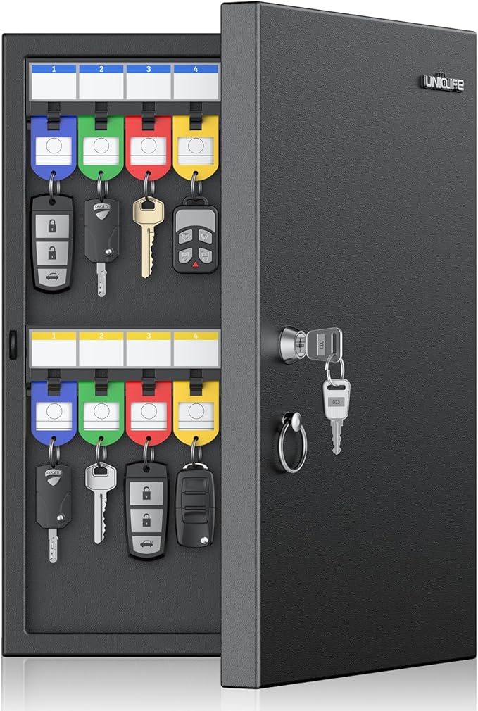 Uniclife 32 Position Key Lock Box, Wall Mount Security Key Cabinet, Black | Wider hook spacing fits car fobs, writable racks & tags for quick ID, easy mount, sturdy lock box for office hotel & company