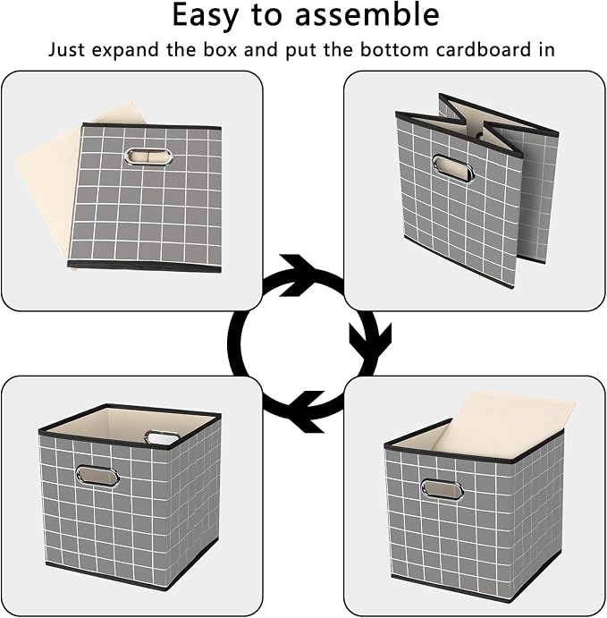 Yunkeeeper storage bins Cubes, Fabric Cube Organizer with Handle, Foldable Cube Bins for Cloth or Accessary Storage, 11x11x11, Set of 3,(Grey grid)