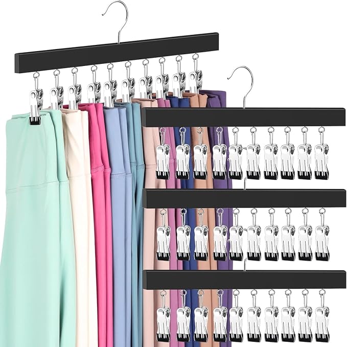 Legging Organizer for Closet, Pants Hangers with Clips | Holds 20 Leggings, Jeans, Hats, Shorts, Socks, 360° Rotating Space Saving Hanging Clothes Organize and Storage 4Pcs