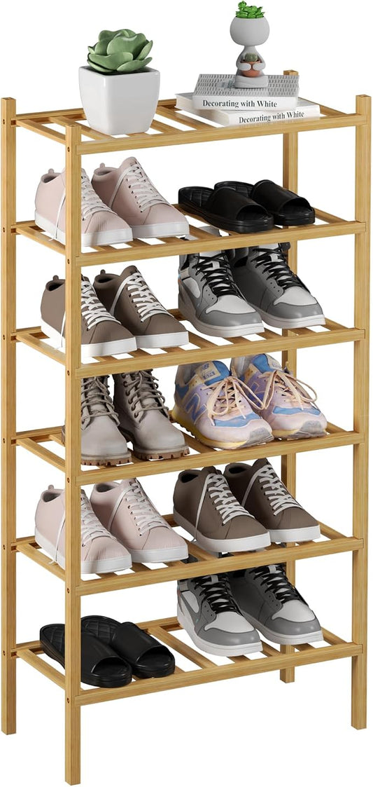 ROMGUAR CRAFT 6-Tier Bamboo Small Shoe Rack, Free Standing Wood Shoe Shelf Storage Organizer for Closet Entryway Stackable (Natural)