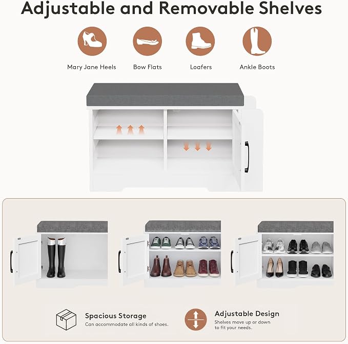 GRUSIGN 27.8" Shoe Storage Bench with Cushion, Entryway Shoe Cabinet, White | 3-in-1 Shoe Storage Bench, Adjustable Shelves, Removable Cushion, 300 lbs Capacity, Entryway, Apartment, Families