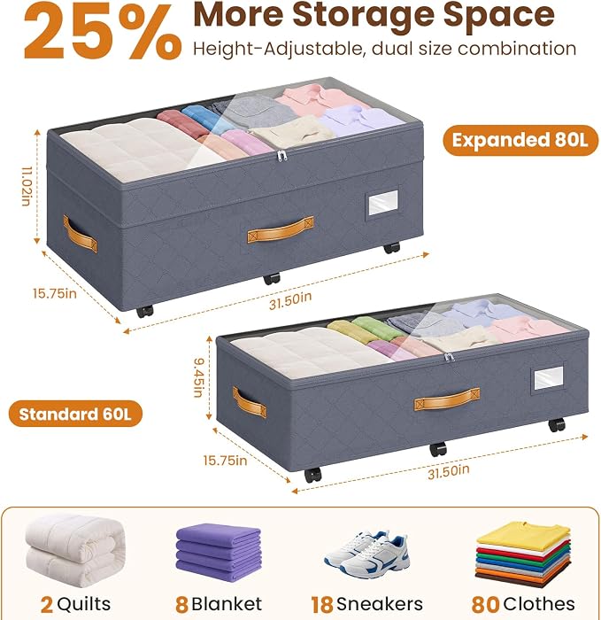 Budding Joy 80L 2 Pack Adjustable Under Bed Storage Containers with Wheels | Rolling shoe storage organizer with clear lids and label for dorm home clothes, blankets, toys, easy to install, grey