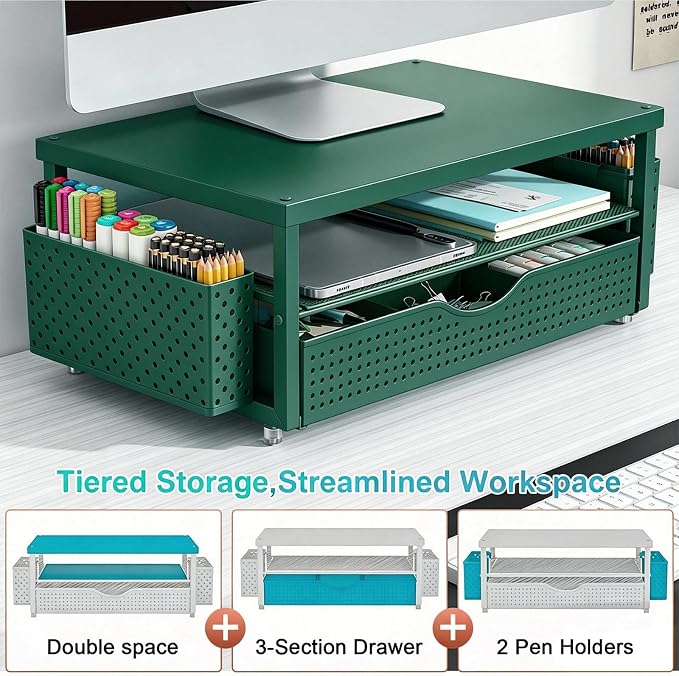 gianotter Desk Organizers and Accessories, Monitor Stand with Drawer and 2 Pen Holder, Desktop Organizer Suitable for Offices and Dormitories (Green-Plain)