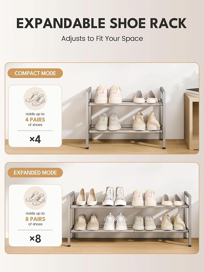 Bumusty 2 Tier Expandable Shoe Rack for Closet, Light Grey | 18"-33" Adjustable Shoe Rack for Entryway, Small Shoe Organizer for Dorm, Front Door, Sturdy Metal