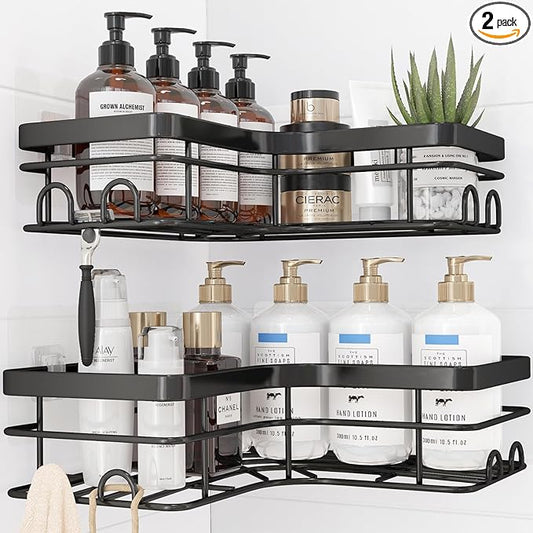 Sakugi Corner Shower Caddy - 2 Pack, Adhesive Shower Organizers, Rustproof Stainless Steel Shower Shelves with 8 Hooks, No Drilling Bathroom Organizers and Storage Racks, Space-Saving, Black, X-Large
