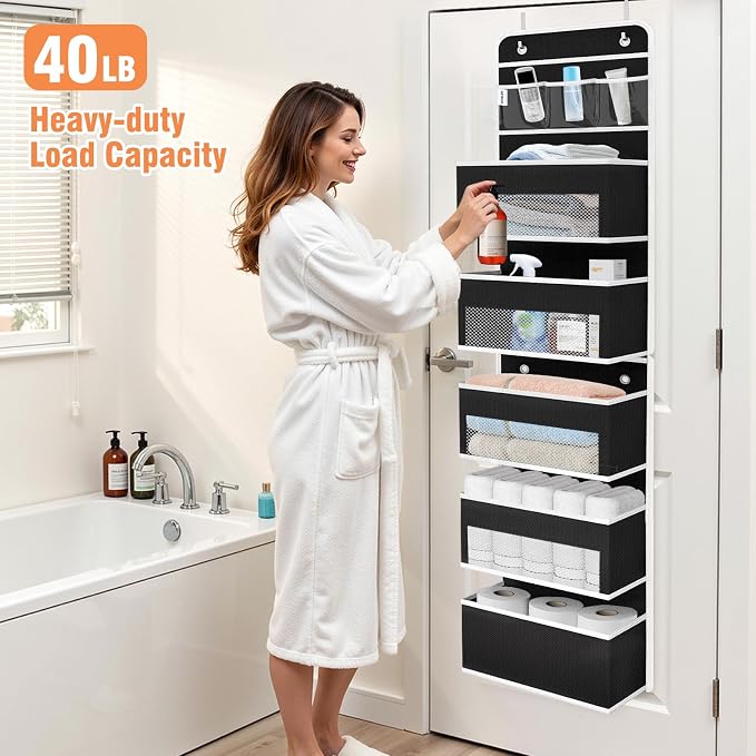 Over The Door Organizer Storage Large Capacity Hanging Bedroom Storage | 6 Shelves, Detachable, 40 LB Capacity, Mesh Design, Clear Window, Sturdy, Storage Organizer for Nursery, Pantry & Closet