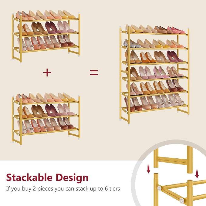 Expandable Shoe Rack for Closet 3 Tier, 28“-41“Stackable, Gold | Adjustable Shoe Organizer Closet Shoe Rack Floor, Metal Shoe Shelf Storage for Entryway, Closet, Garage, Front Door Entrance