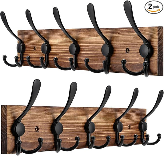 Kuhome 2pcs Coat Rack Wall Mount Wooden Hat Rack for Wall Hooks Pine Real Wood Plank 16.9" Brown Coat Hanger with 5 Triple Hooks for Hanging Coat Hat Jacket