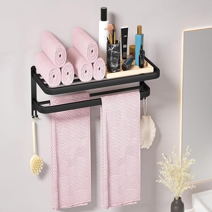15 Inch Black Towel Racks for Bathroom Towel Shelf with Double Towel Bars Lavatory Wall Mount Holder with Hooks Stainless Steel Hotel Bath Rack (Matte Black)