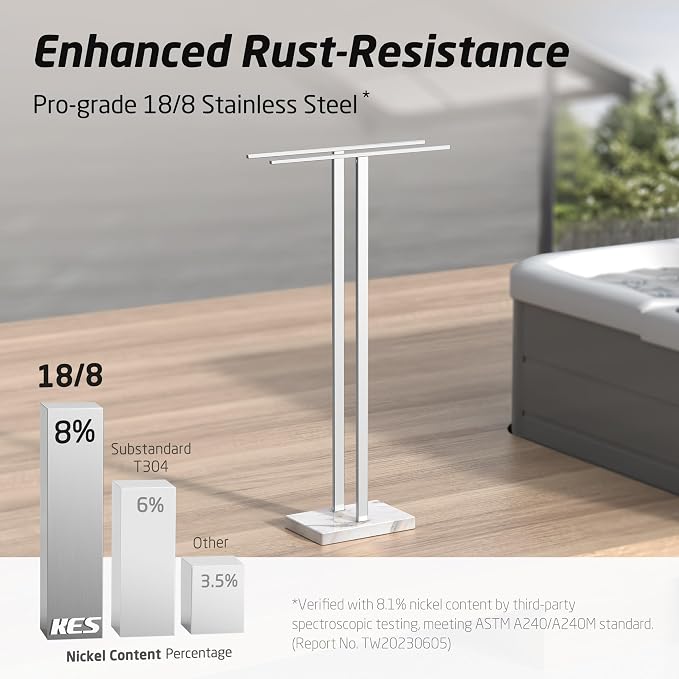 KES Standing Towel Rack, 37" H, 18/8 Stainless Steel & Marble Base Polished | Equal-Height Rods, 8.23 Lbs Heavy Base, Fits Towels Up To 70", Freestanding Design, Bathroom Floor, Modern