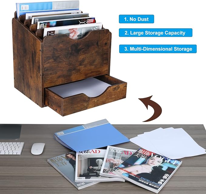PAG Wood Desktop File Holder Organizer Mail Sorter with Drawer, for File Folders, Mails, Envelopes, Mailing Supplies or Magazines, 6 Compartments, Antique Brown