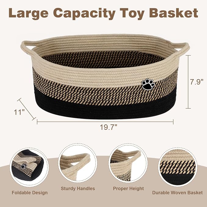 Optish Dog Toy Basket, 30L Toy Box and Bin for Dog Cat Storage, 19.7" X 11" X 7.9" Large Woven Rope Basket for Blanket Storage, Living Room, Bedroom, Black & Brown