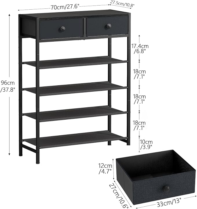 5 Tier Shoe Rack with 2 Drawers Black Grey | Holds 16-20 pairs. Fabric shelves prevent dust. Drawers for small items. 20-min assembly with clear guide.
