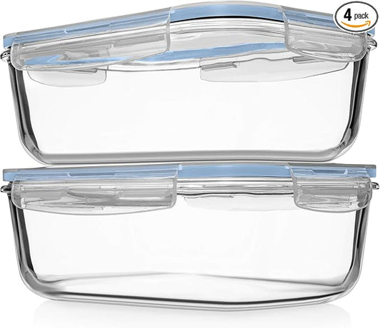 Razab 4 PC 1860ml / 63 Oz / 8 Cups Large Glass Food Storage Containers with Lids - Glass Meal Prep Containers for Roasting & Storing Leftover, Lunch Container with Lids, Microwave & Oven Safe