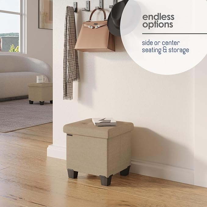 Storage Ottoman Cube with Small Bin, 15-in Square Ottoman with Storage for Living Room and Bedroom, Small Ottomans Foot Rest, Fabric Foot Stools Ottomans Max 330lbs, Taupe