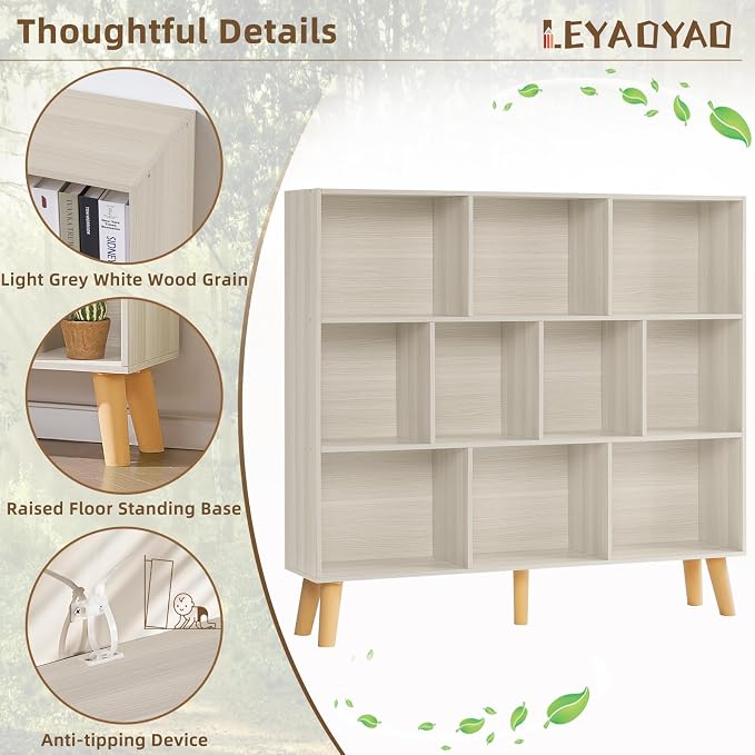 LEYAOYAO 10 Cube Bookshelf,Mid-Century Modern Bookcase with Legs,Light Grey | 3 Tier Book Shelf,Rustic Wood Bookshelves Freestanding Large Storage Organizer, Open Shelves for Bedroom, Living Room, Office