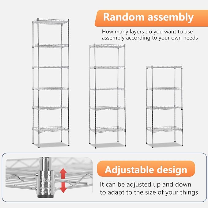FDW 6 Tier Wire Shelving 17L x 12W x 64H Pantry Shelves Storage Rack Shelving Units Adjustable Metal Shelves for Kitchen Commercial Garage Small Places,Chrome