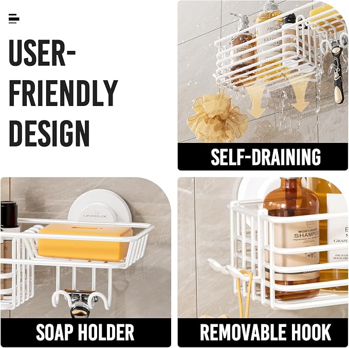 LEVERLOC Shower Caddy Suction Cup, Heavy Duty Bathroom Organizer | Shower Organizer for Inside Shower with Hooks & Soap holder, NO-Drilling Bathroom shelves-White