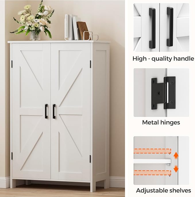 Homleke 43.3" H Farmhouse Bathroom Storage Cabinet with Adjustable Shelves | Freestanding Storage Cabinet with Barn Doors for Bathroom, Kitchen, Living Room, Dining Room & Entryway, White