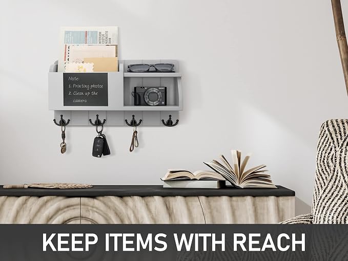 Rebee Vision Key Holder Wall Mount with Mail Organizer for Entryway, Gray | Key Holder for Wall, with Chalkboard, 4 Key Hooks, Floating Shelf, Mail Organizer, Stores Small Items, Space-Saving Design